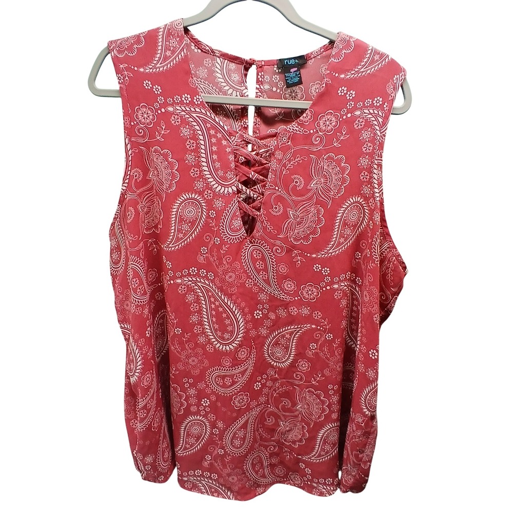 rue+ Paisley Lace Up V Neck Sleeveless Blouse‎ 1X Red Boho Festival Top